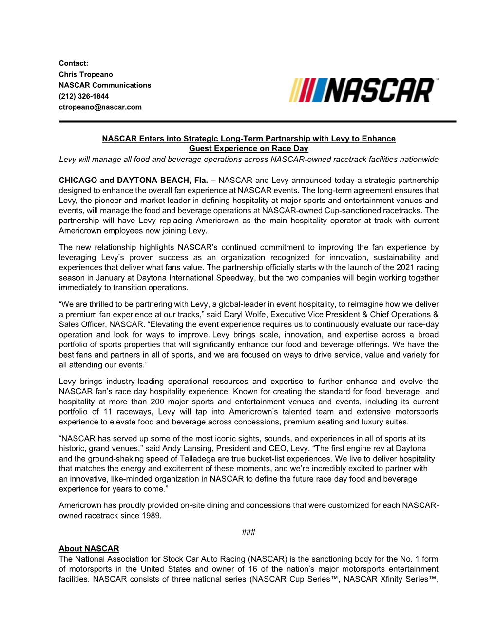 NASCAR Enters Into Strategic Long-Term Partnership with Levy To