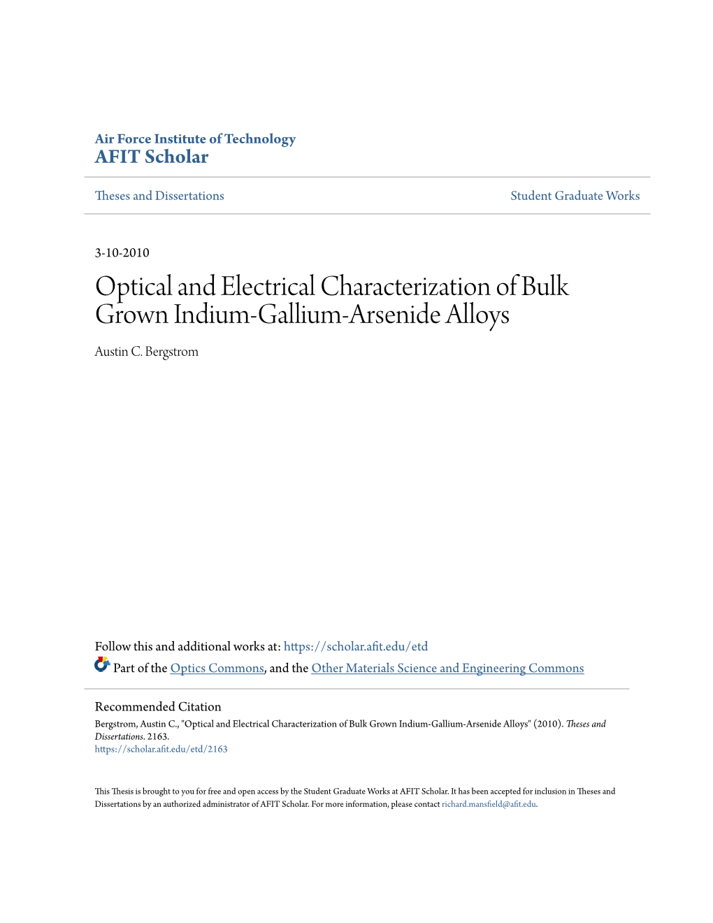 Optical and Electrical Characterization of Bulk Grown Indium-Gallium-Arsenide Alloys Austin C