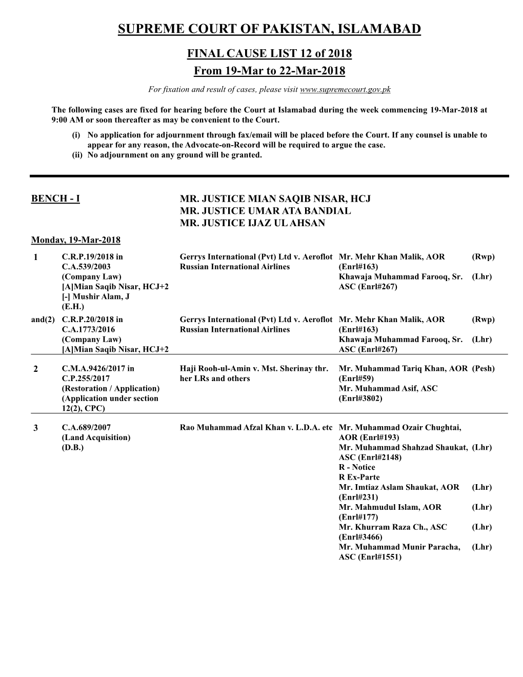 SUPREME COURT of PAKISTAN, ISLAMABAD FINAL CAUSE LIST 12 of 2018 from 19-Mar to 22-Mar-2018 for Fixation and Result of Cases, Please Visit