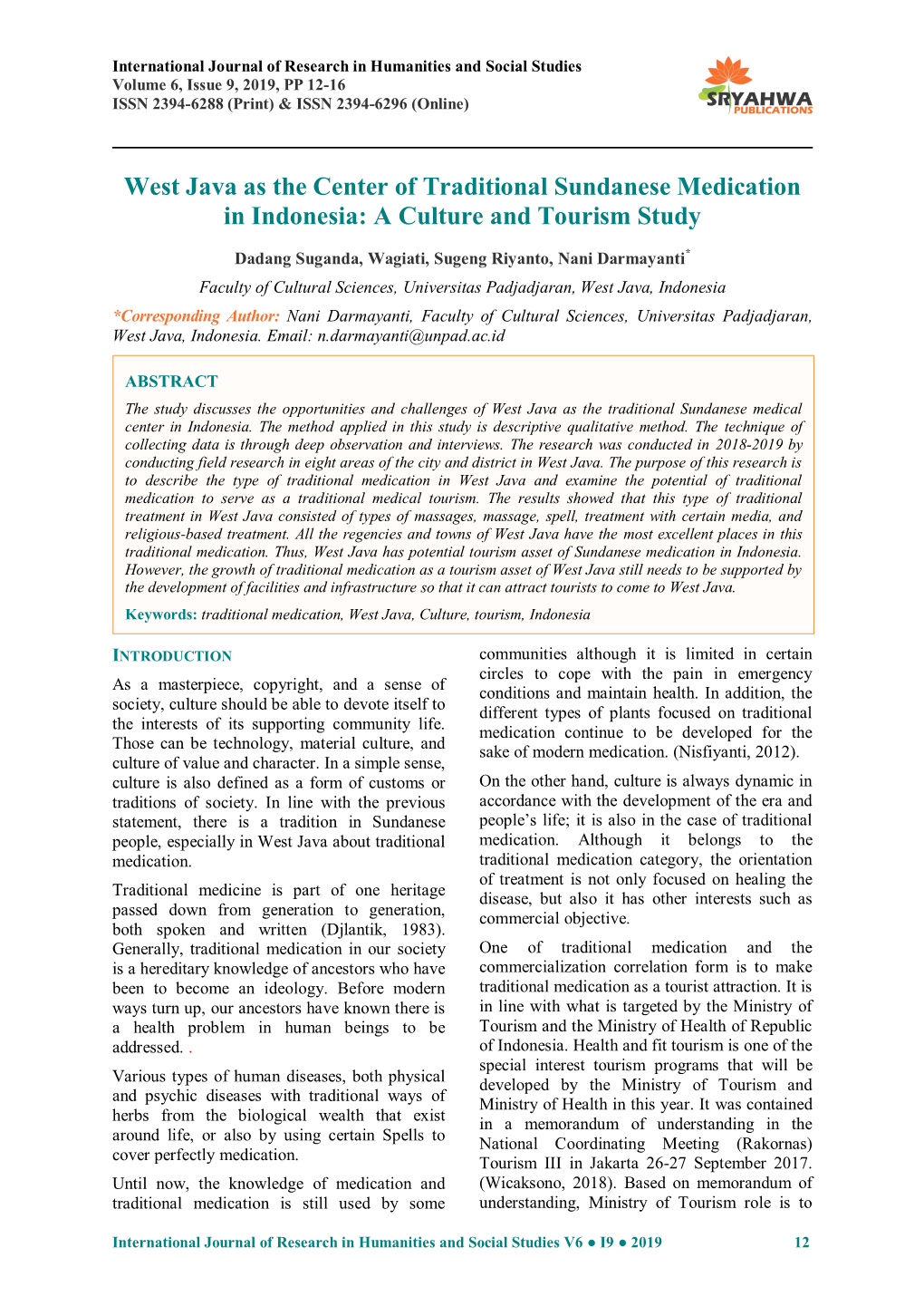 West Java As the Center of Traditional Sundanese Medication in Indonesia: a Culture and Tourism Study