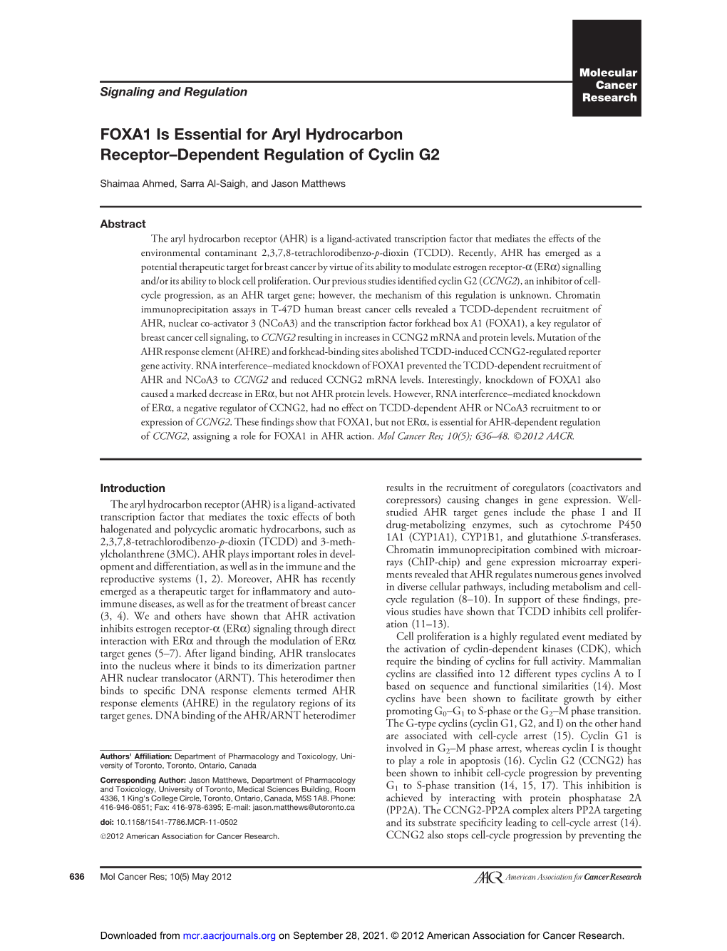 FOXA1 Is Essential for Aryl Hydrocarbon Receptor–Dependent Regulation of Cyclin G2