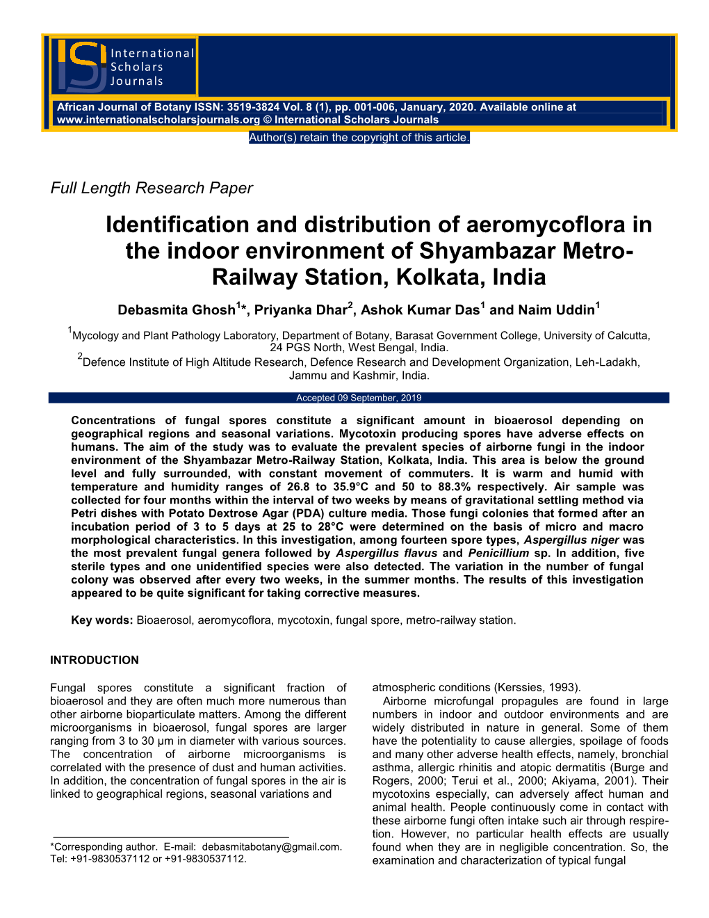 Identification and Distribution of Aeromycoflora in the Indoor Environment of Shyambazar Metro- Railway Station, Kolkata, India