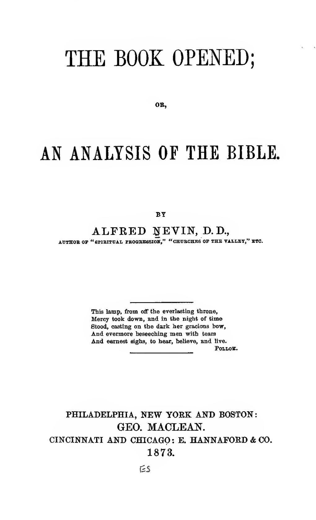 The Book Opened; Or, an Analysis of the Bible