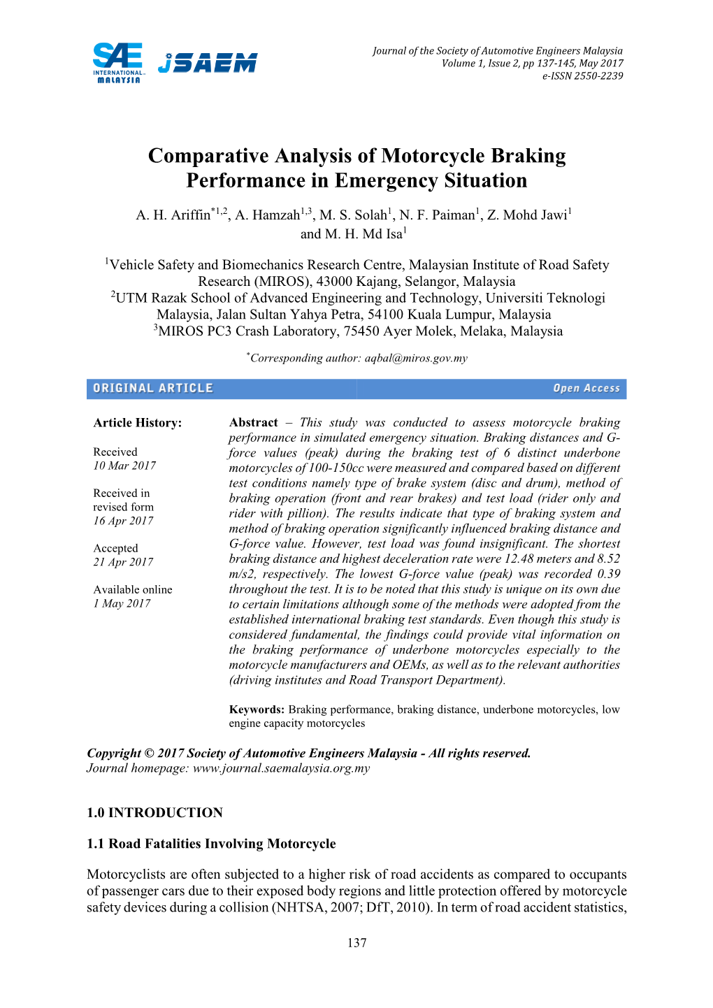 Comparative Analysis of Motorcycle Braking Performance in Emergency Situation