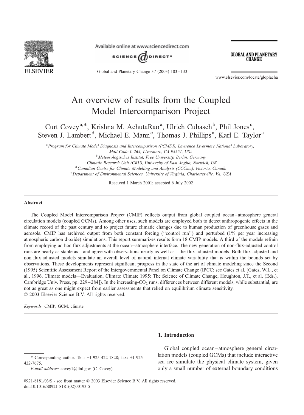 An Overview of Results from the Coupled Model Intercomparison Project