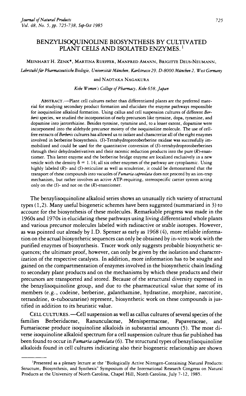 Benzylisoquinoline Biosynthesis by Cultivated Plant Cells and Isolated Enzymes