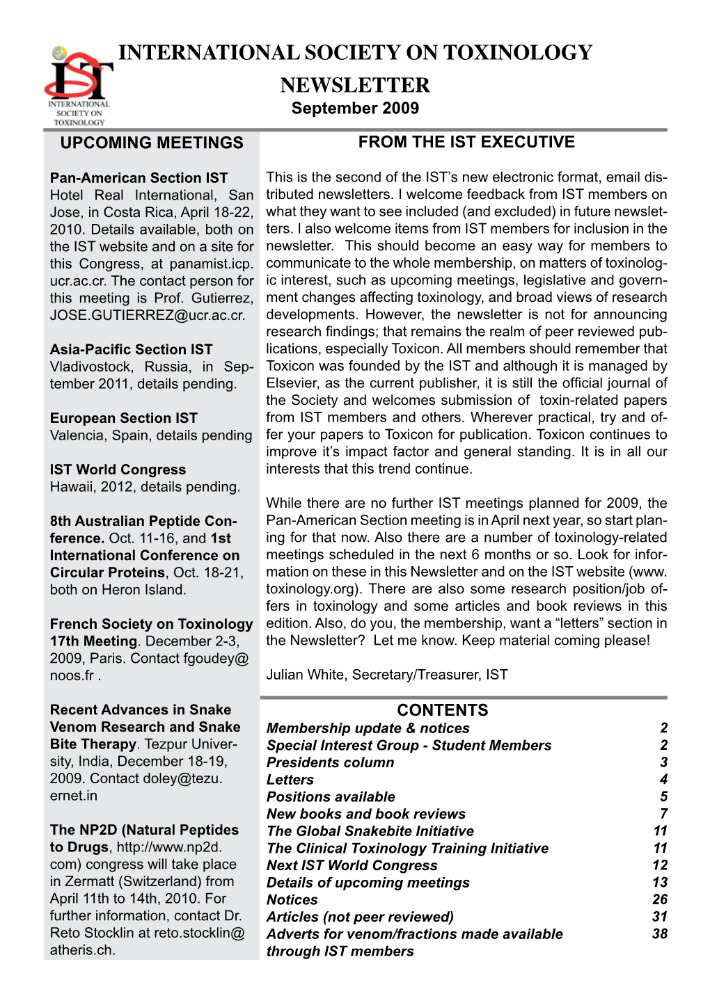 INTERNATIONAL SOCIETY on TOXINOLOGY NEWSLETTER September 2009