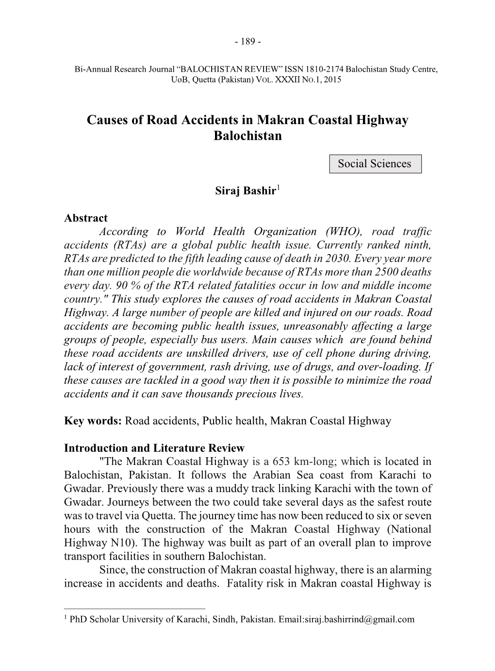 Causes of Road Accidents in Makran Coastal Highway Balochistan
