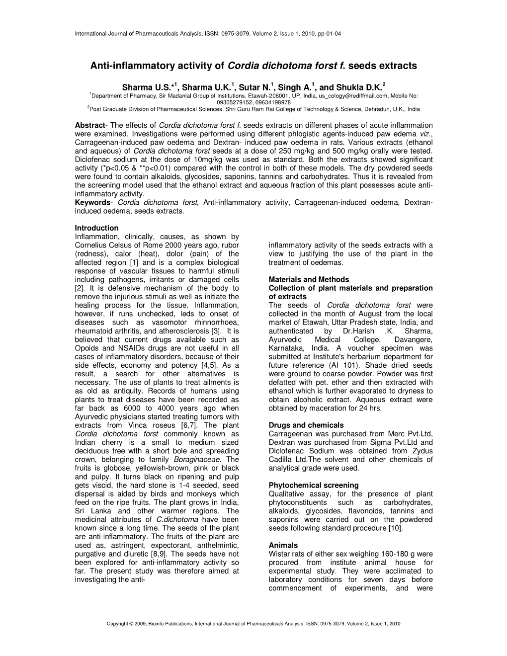 Anti-Inflammatory Activity of Cordia Dichotoma Forst F. Seeds Extracts