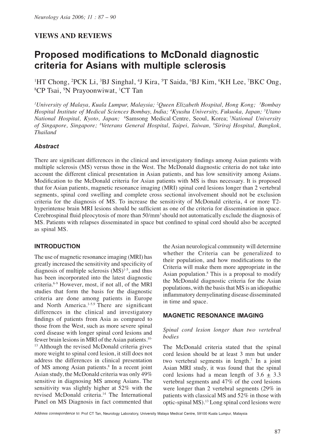 Proposed Modifications to Mcdonald Diagnostic Criteria for Asians with Multiple Sclerosis