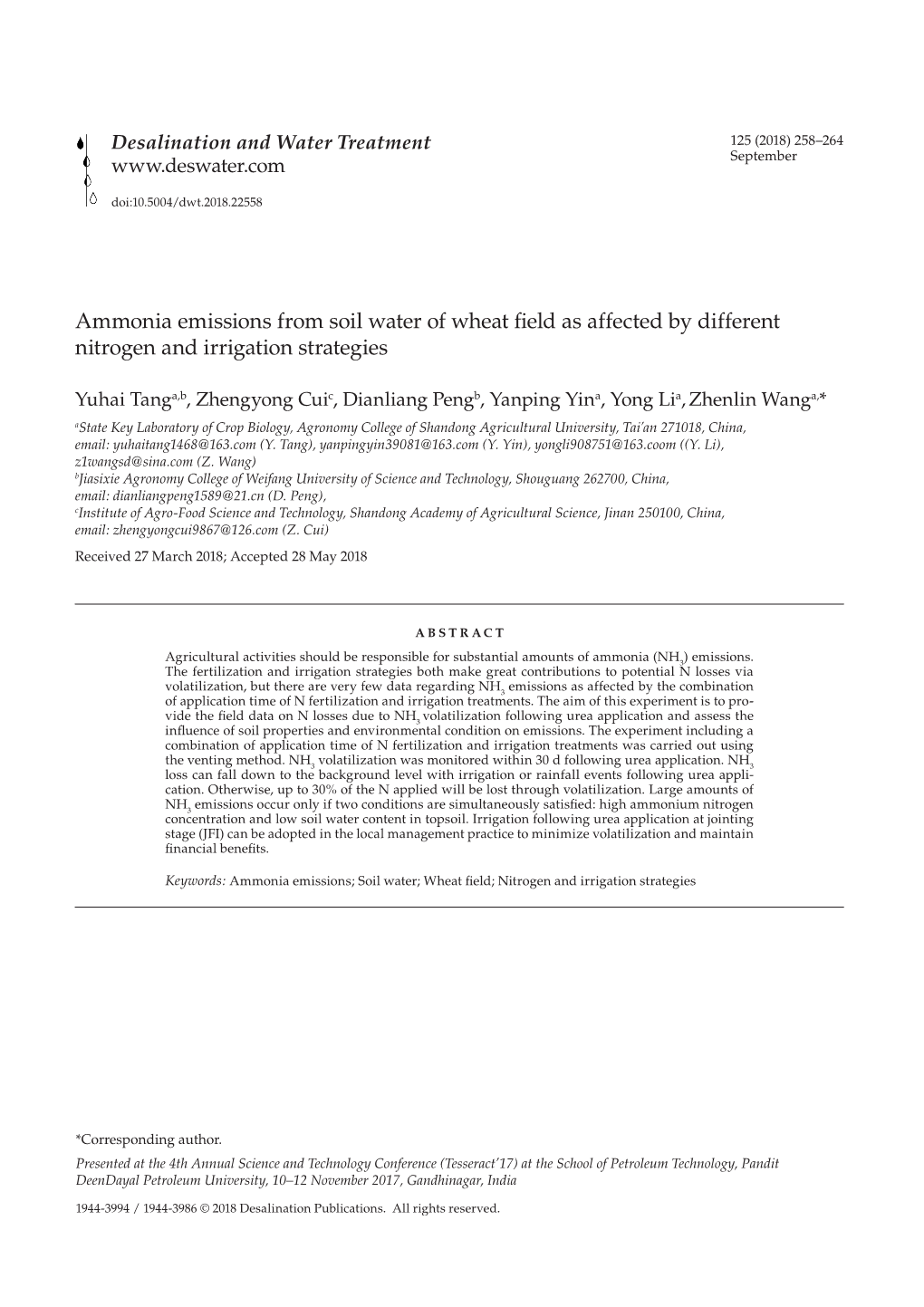 Ammonia Emissions from Soil Water of Wheat Field As Affected by Different Nitrogen and Irrigation Strategies