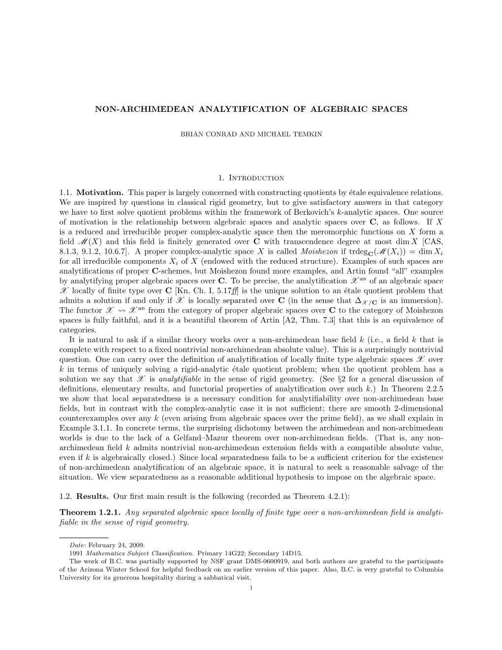 NON-ARCHIMEDEAN ANALYTIFICATION of ALGEBRAIC SPACES 1. Introduction 1.1. Motivation. This Paper Is Largely Concerned with Constr