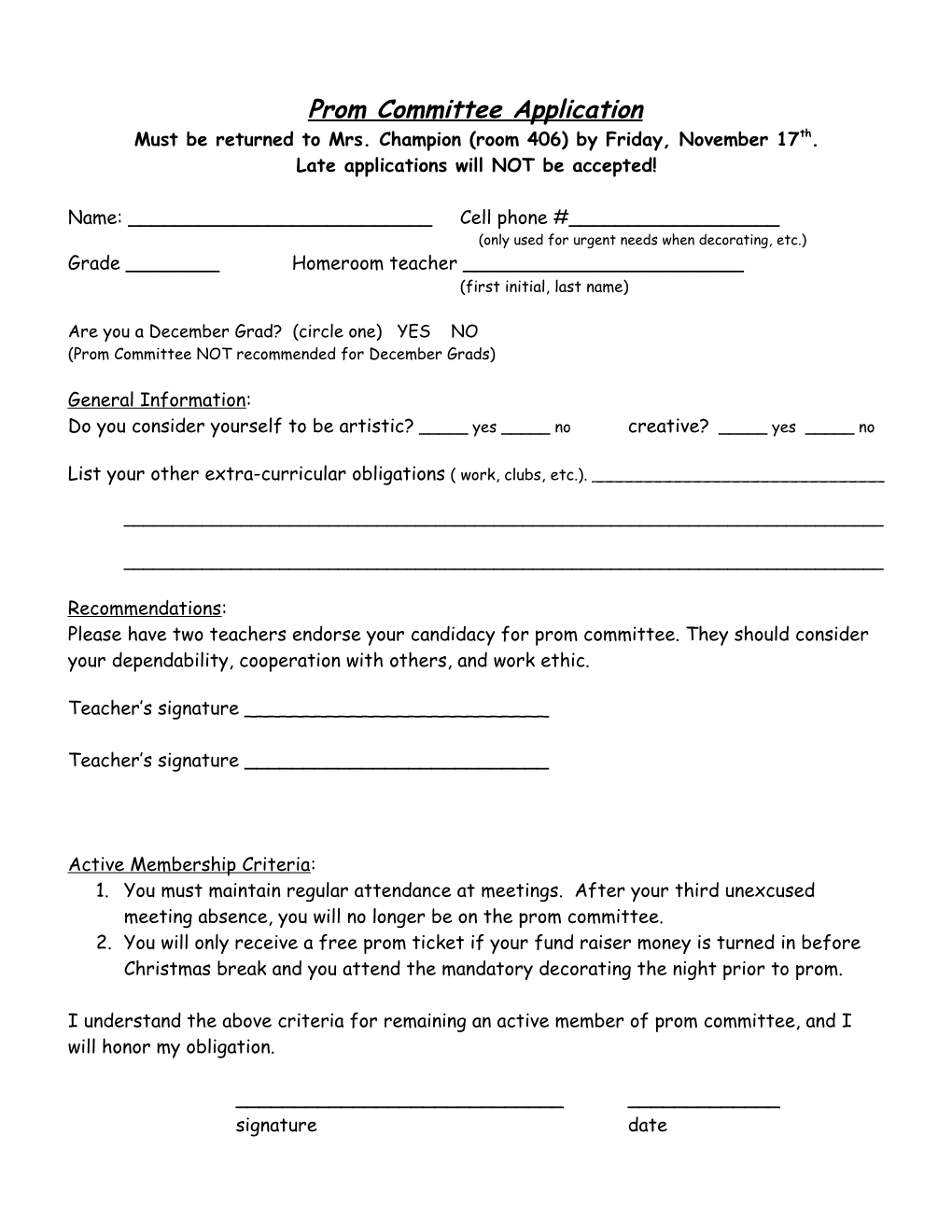 Prom Committee Application