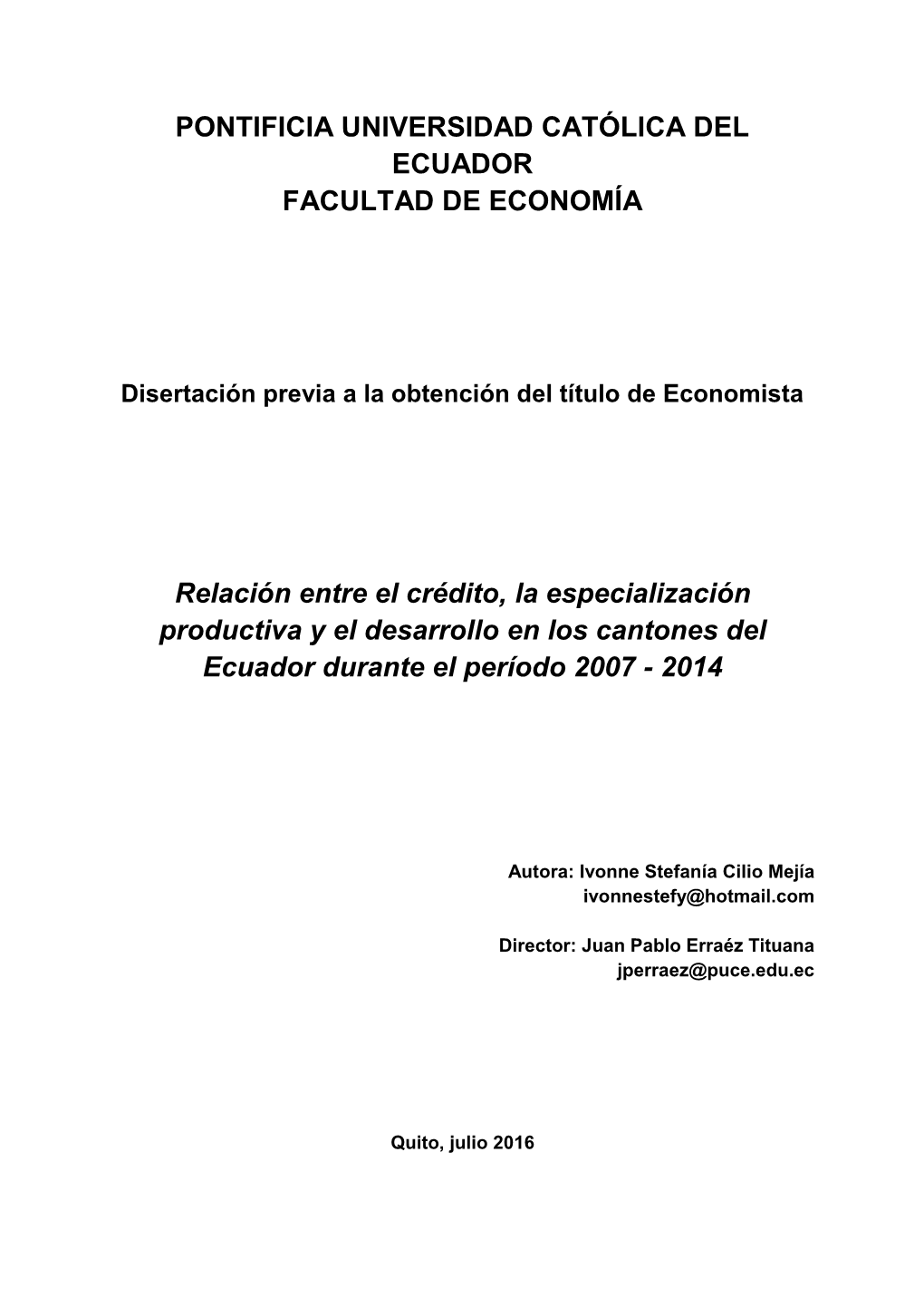 Pontificia Universidad Católica Del Ecuador Facultad De Economía