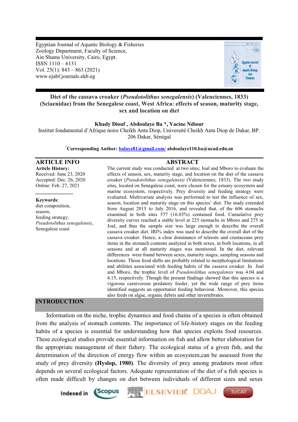 Pseudotolithus Senegalensis) (Valenciennes, 1833) (Sciaenidae) from the Senegalese Coast, West Africa: Effects of Season, Maturity Stage, Sex and Location on Diet