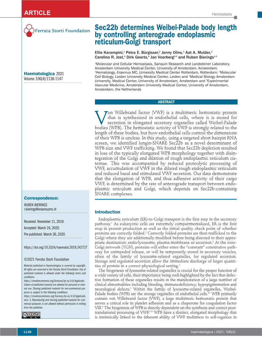 Sec22b Determines Weibel-Palade Body Length by Controlling