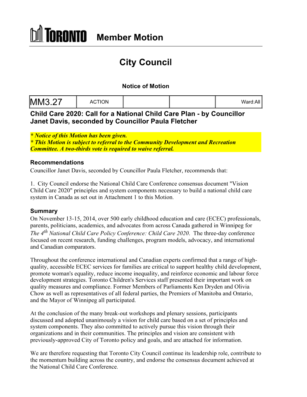 Member Motion City Council MM3.27