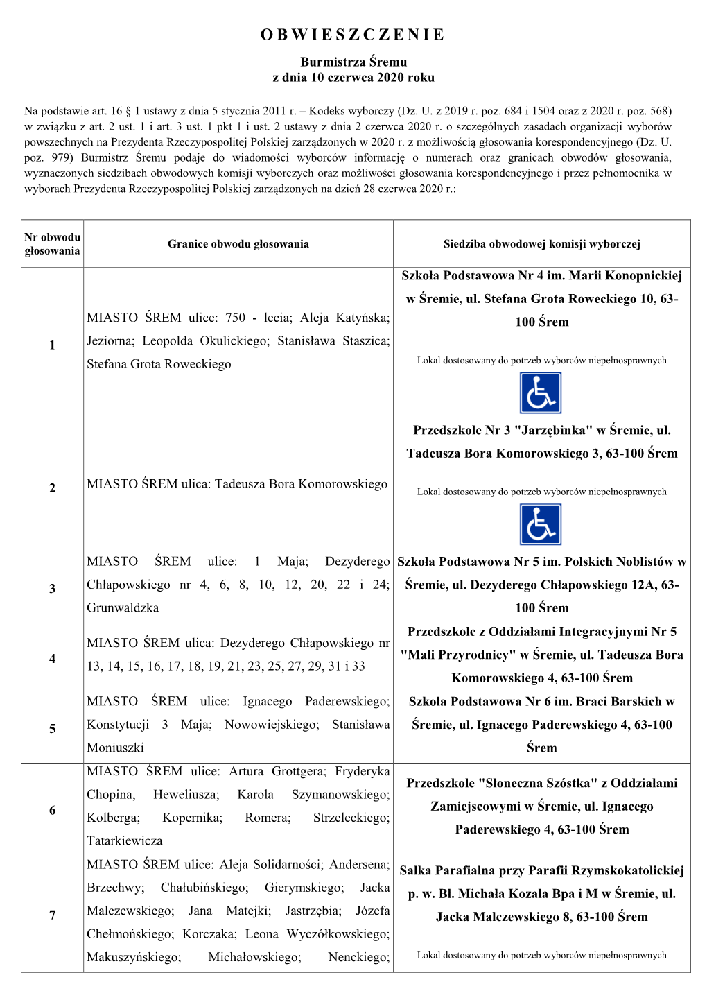 OBWIESZCZENIE Burmistrza Śremu Z Dnia 10 Czerwca 2020 Roku