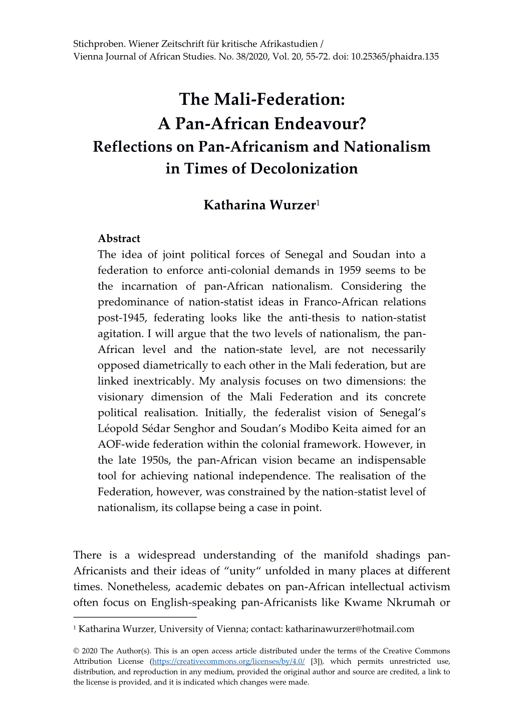 The Mali-Federation: a Pan-African Endeavour? Reflections on Pan-Africanism and Nationalism in Times of Decolonization
