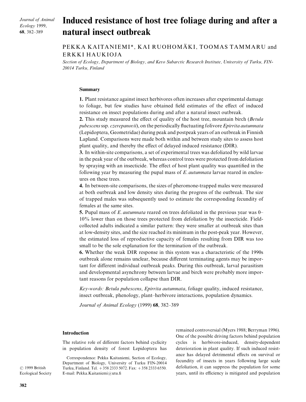 Induced Resistance of Host Tree Foliage During and After a Natural Insect