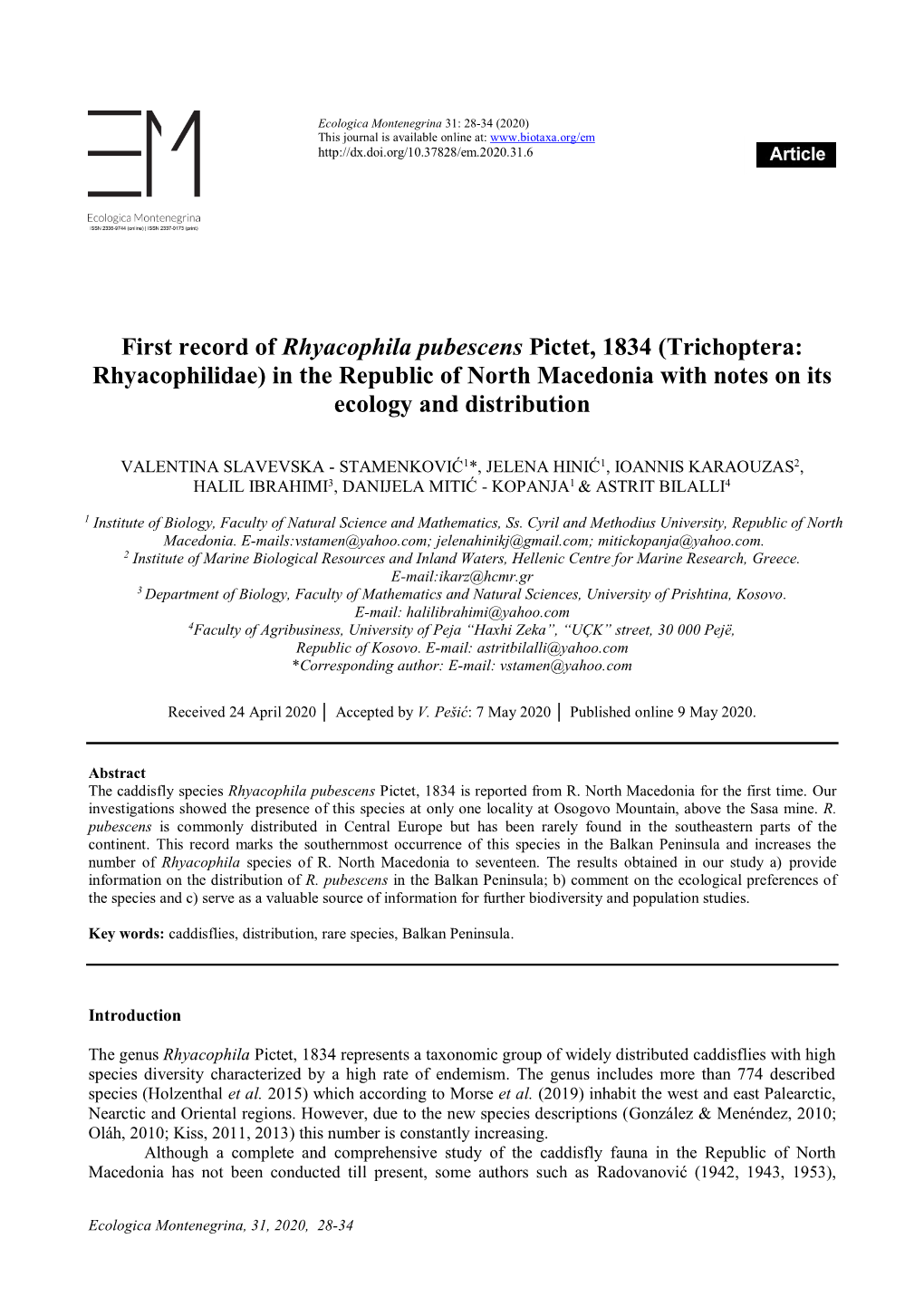 First Record of Rhyacophila Pubescens Pictet, 1834 (Trichoptera: Rhyacophilidae) in the Republic of North Macedonia with Notes on Its Ecology and Distribution