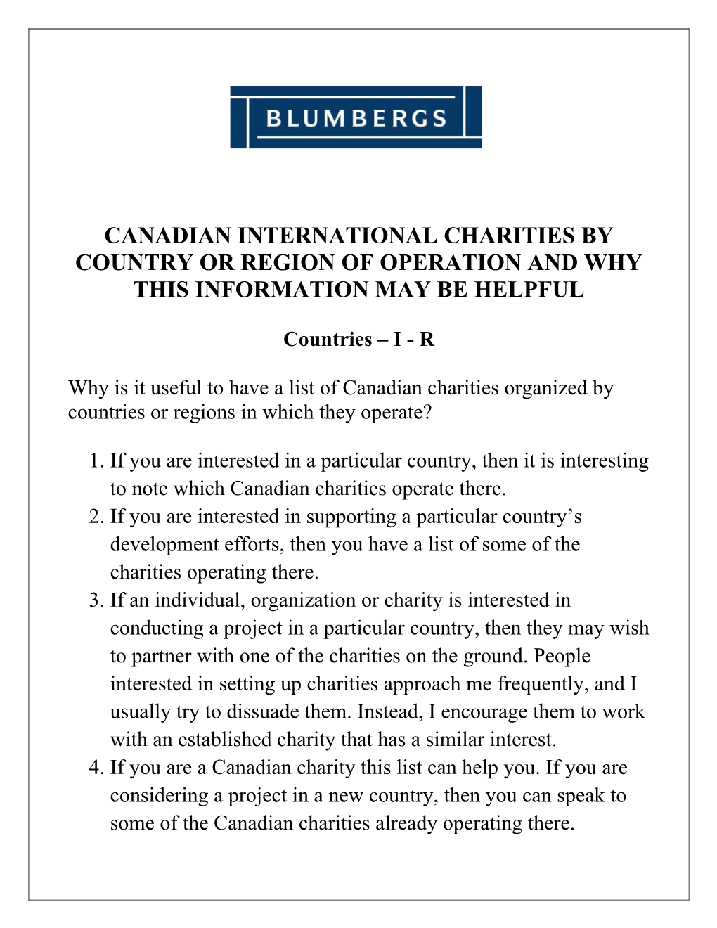 Canadian International Charities by Country Or Region of Operation and Why This Information May Be Helpful