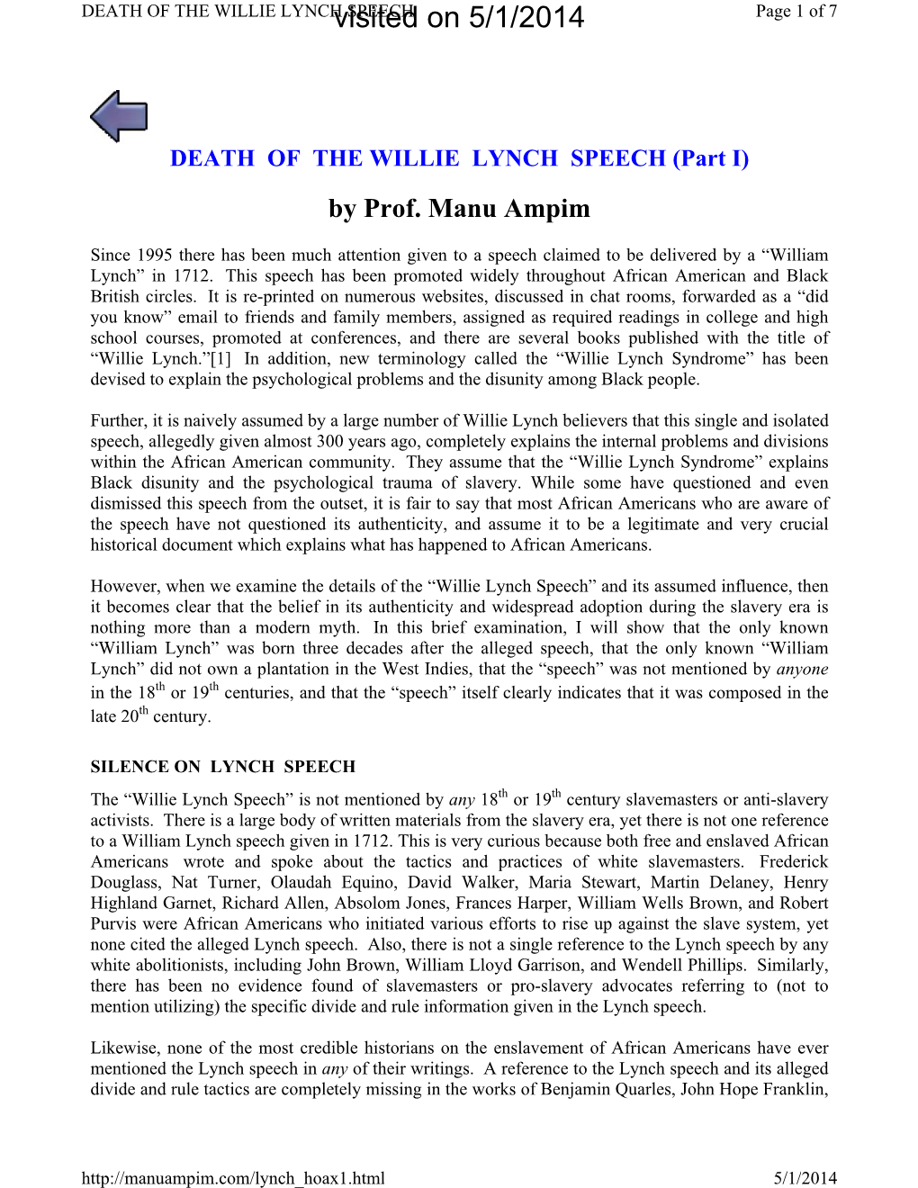 DEATH of the WILLIE LYNCH SPEECH (Part I) by Prof