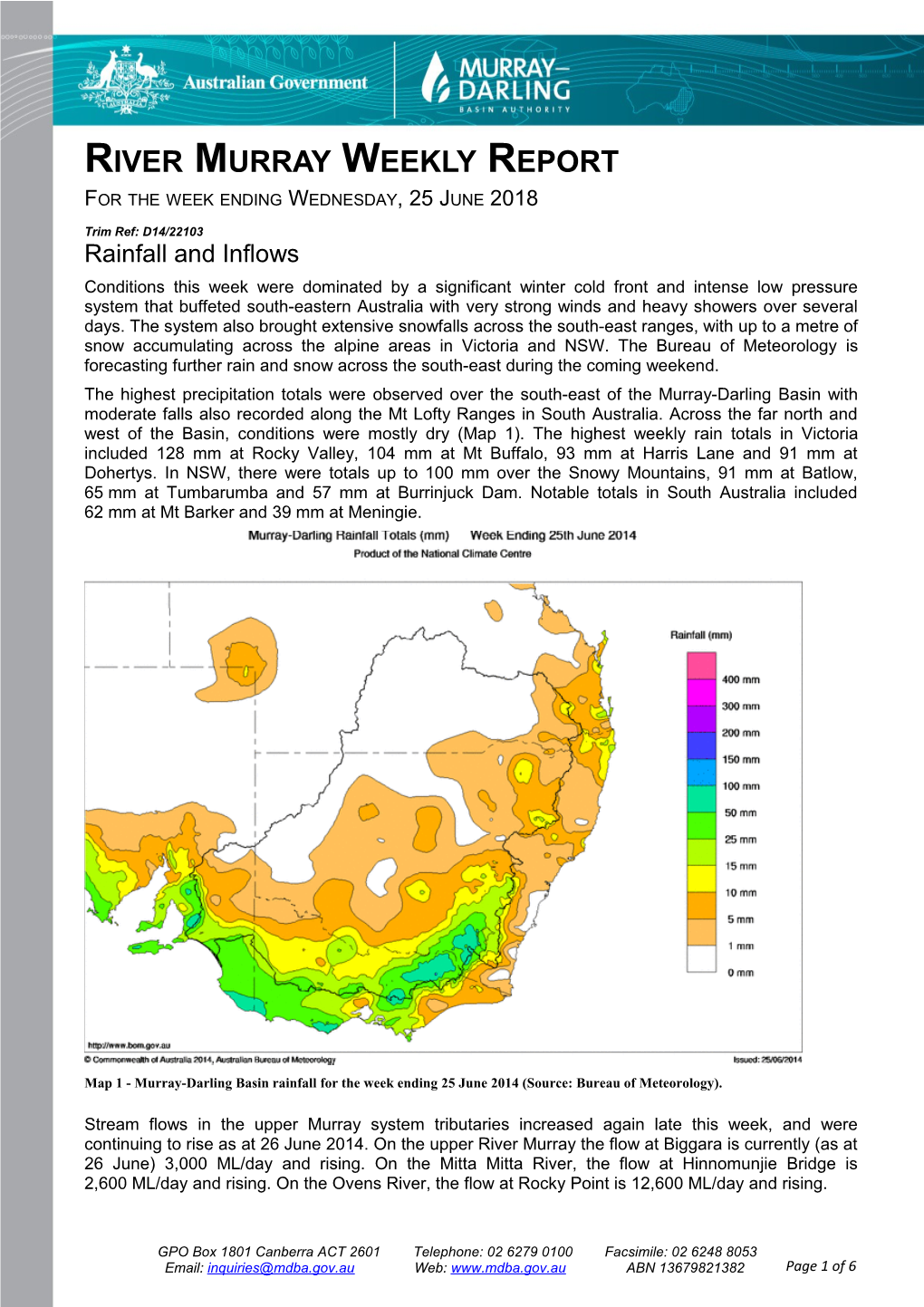 River Murray Operations Weekly Report 25 June 2014