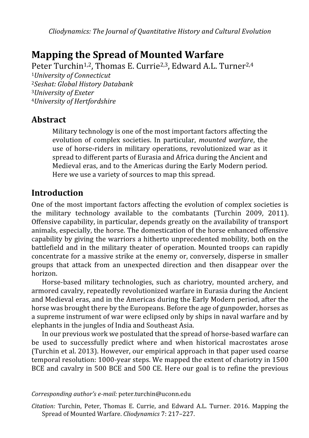 Mapping the Spread of Mounted Warfare Peter Turchin1,2, Thomas E