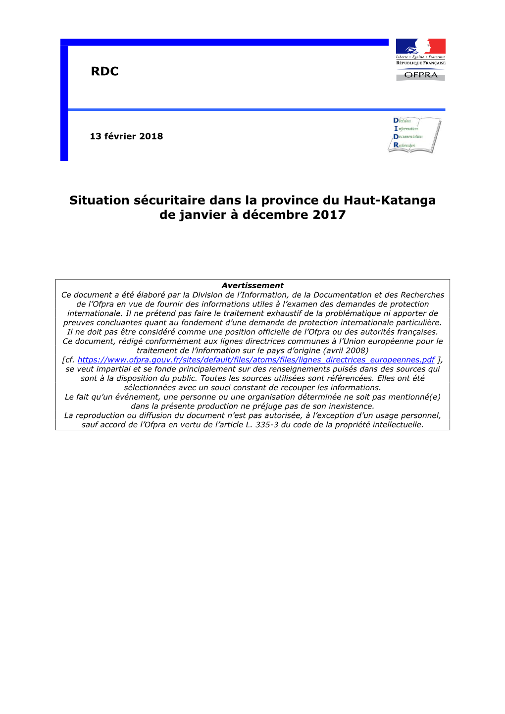 DIDR, RDC : Situation Sécuritaire Dans La Province Du Haut-Katanga