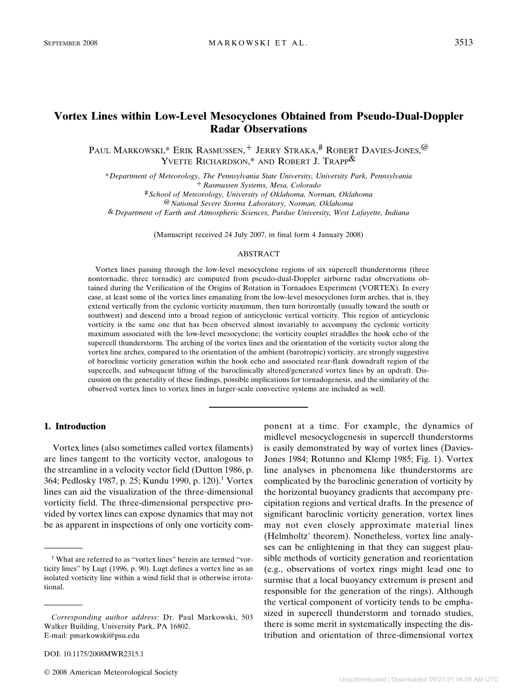 Vortex Lines Within Low-Level Mesocyclones Obtained From