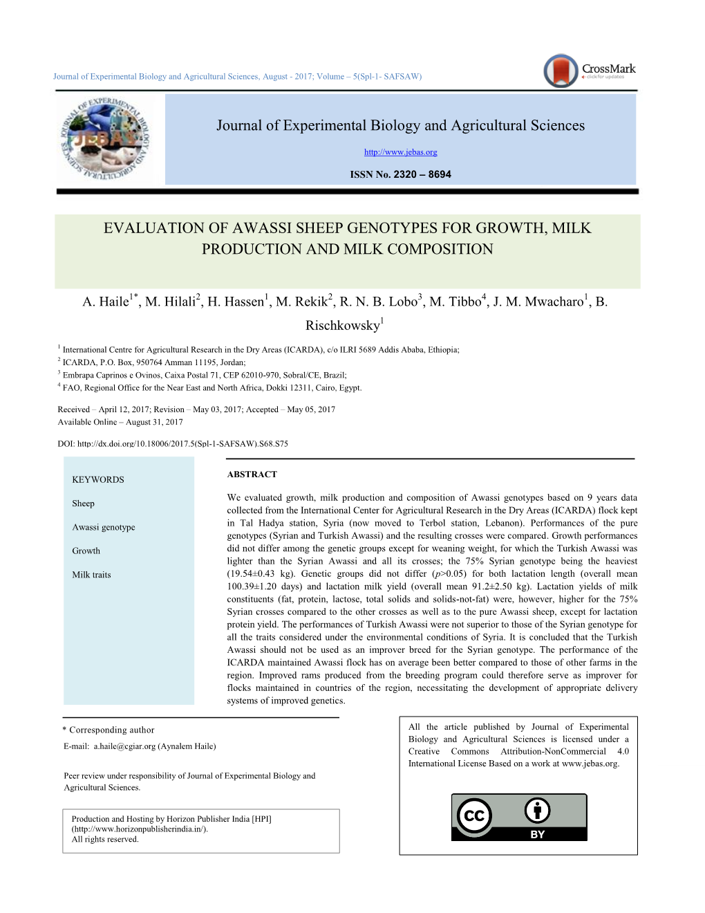 Journal of Experimental Biology and Agricultural Sciences EVALUATION