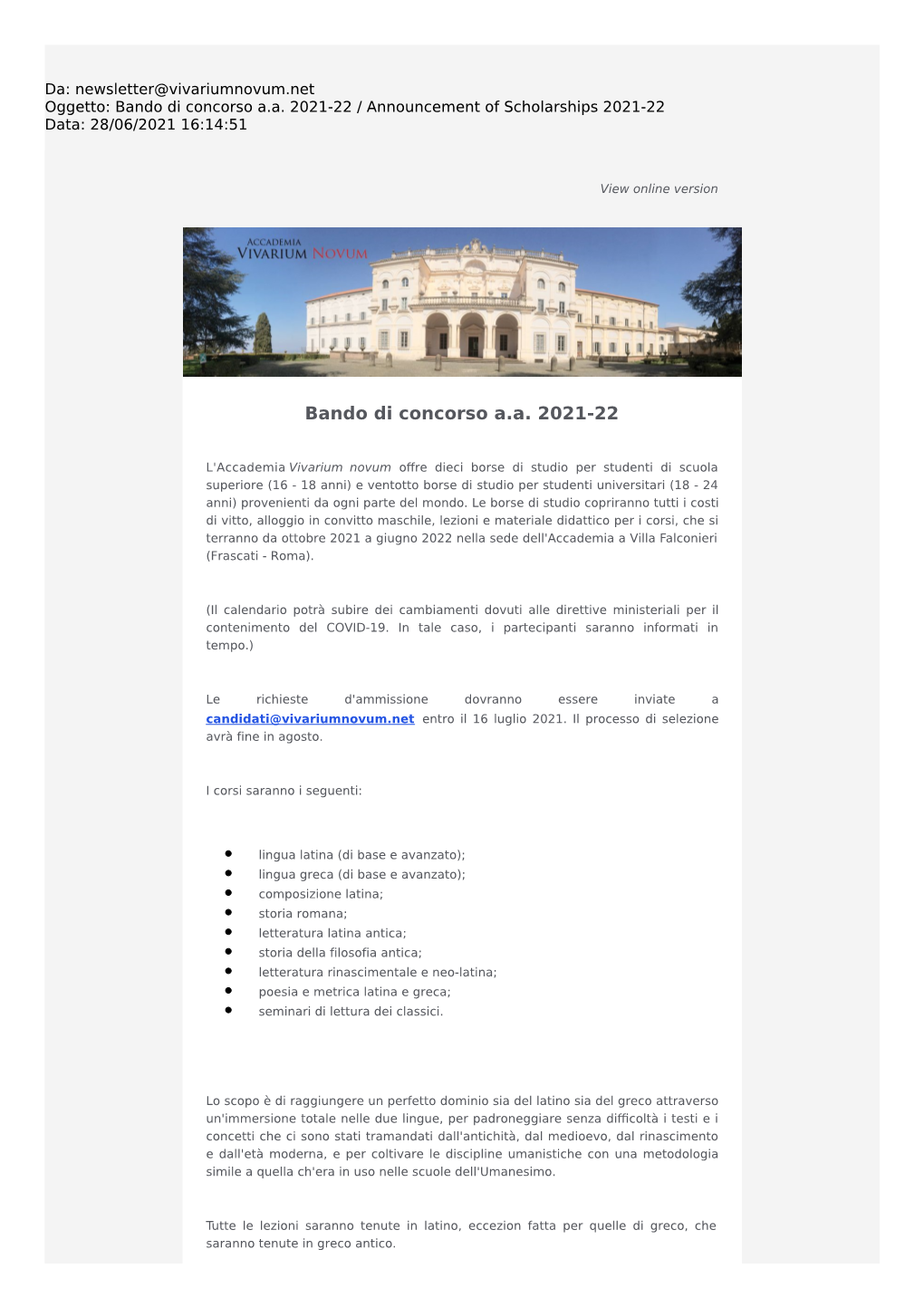 Bando Di Concorso A.A. 2021-22 / Announcement of Scholarships 2021-22 Data: 28/06/2021 16:14:51