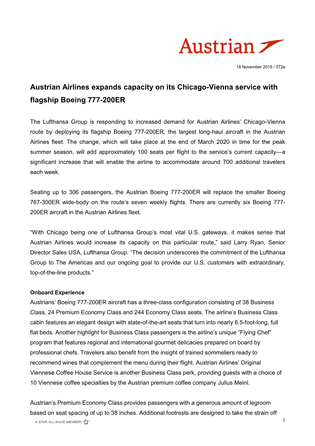 Austrian Airlines Expands Capacity on Its Chicago-Vienna Service with Flagship Boeing 777-200ER