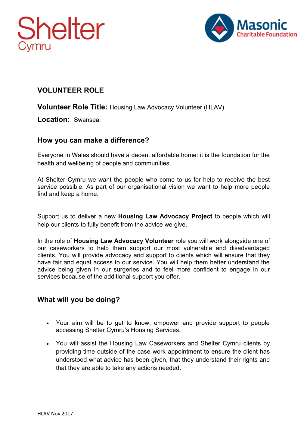 Volunteer Role Title: Housing Law Advocacy Volunteer (HLAV)