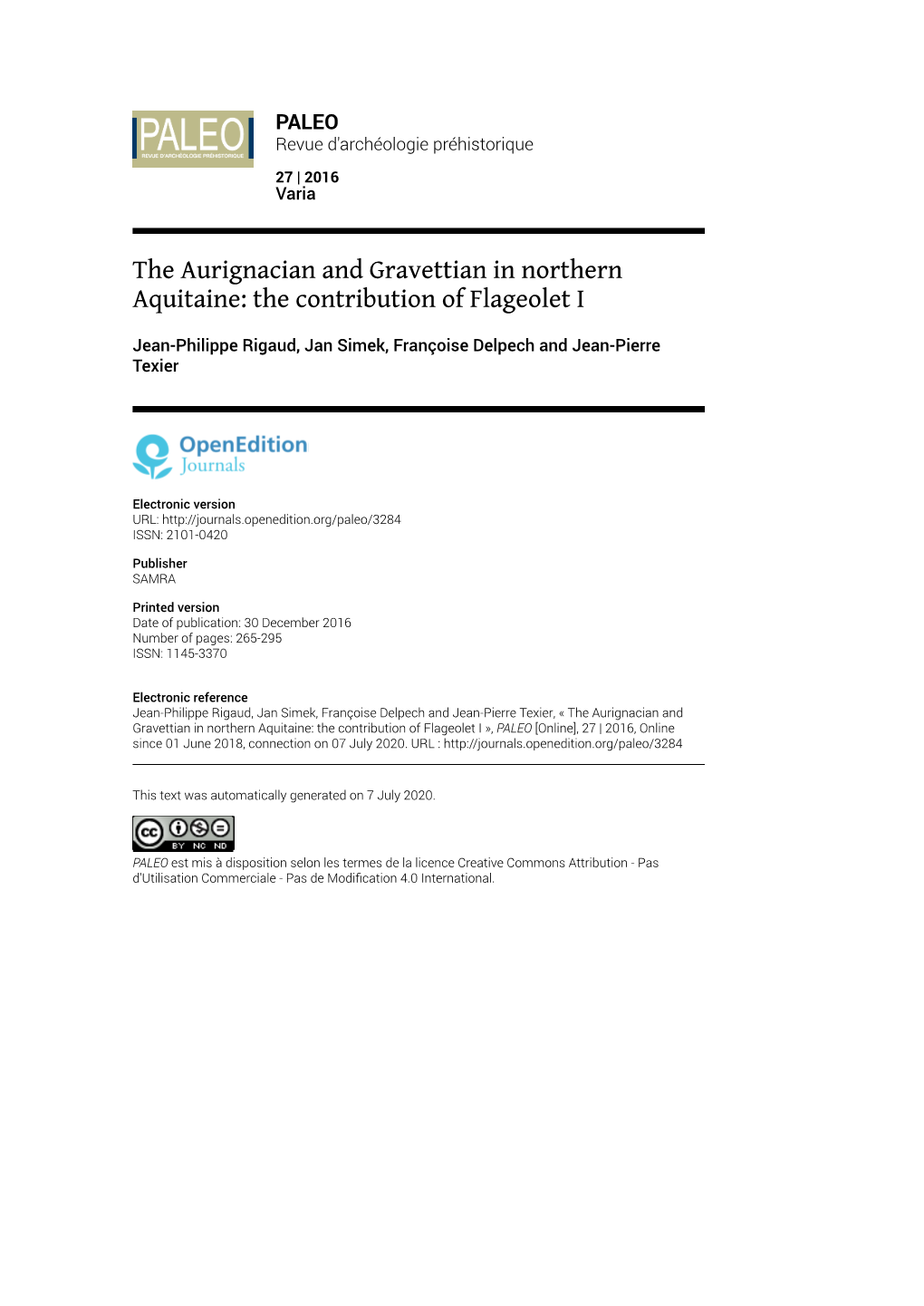 The Aurignacian and Gravettian in Northern Aquitaine: the Contribution of Flageolet I