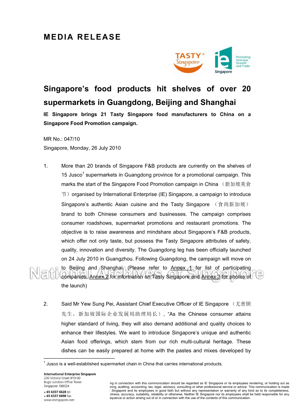 MEDIA RELEASE Singapore's Food Products Hit Shelves of Over 20