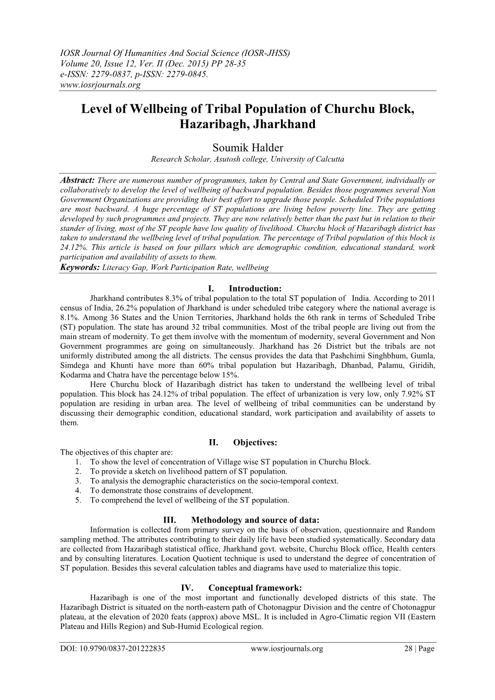 Level of Wellbeing of Tribal Population of Churchu Block, Hazaribagh, Jharkhand