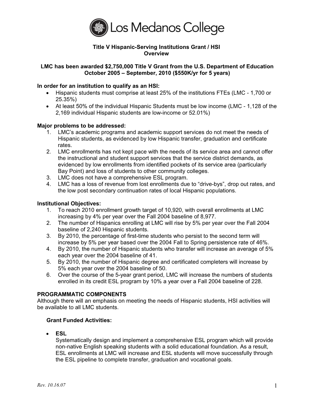 Title V Hispanic Serving Institutions Grant / HSI