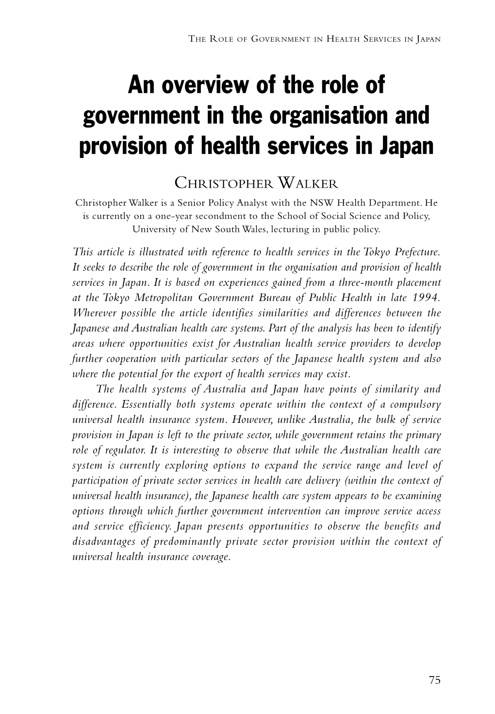 An Overview of the Role of Government in the Organisation and Provision of Health Services in Japan