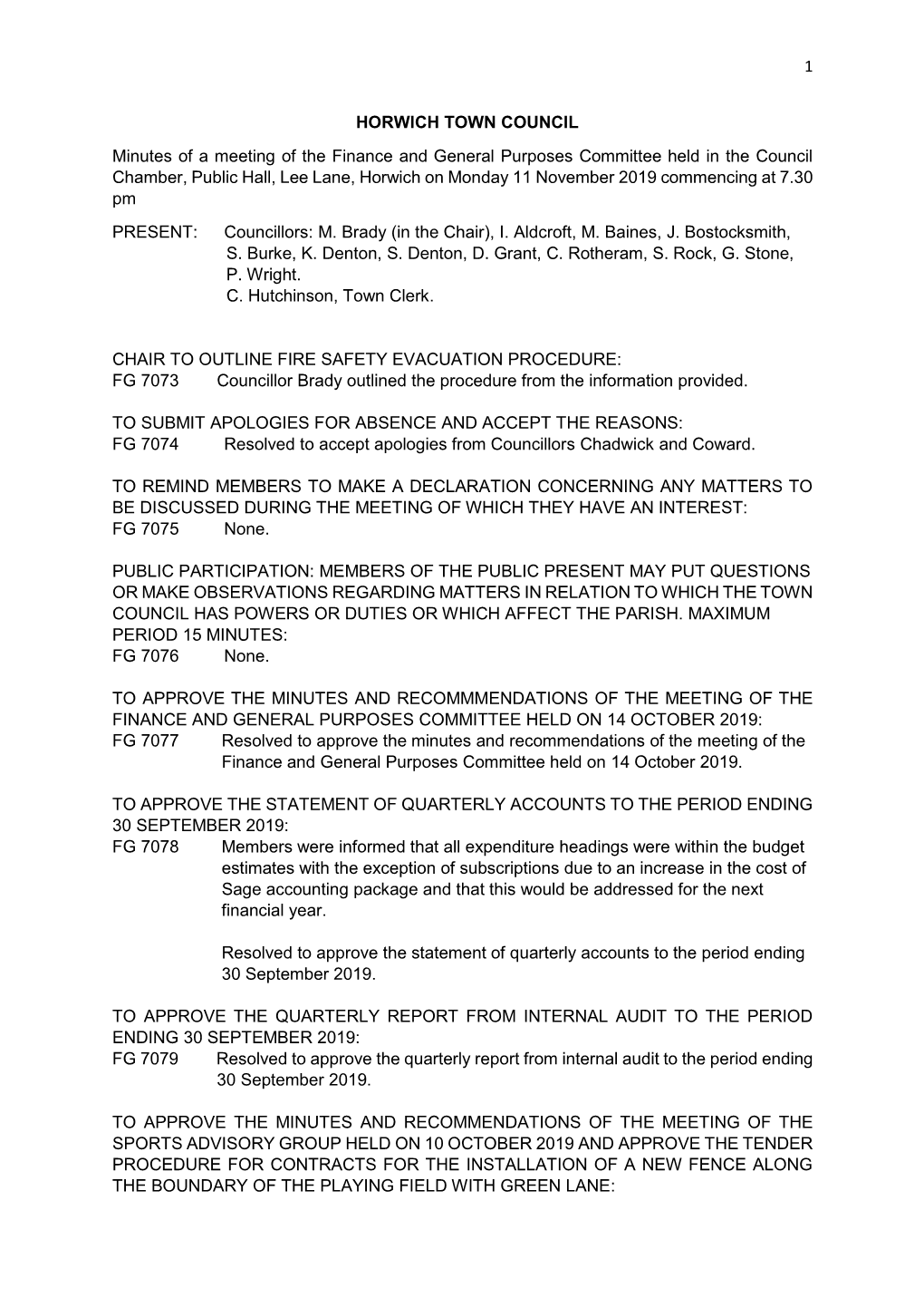 1 HORWICH TOWN COUNCIL Minutes of a Meeting of the Finance