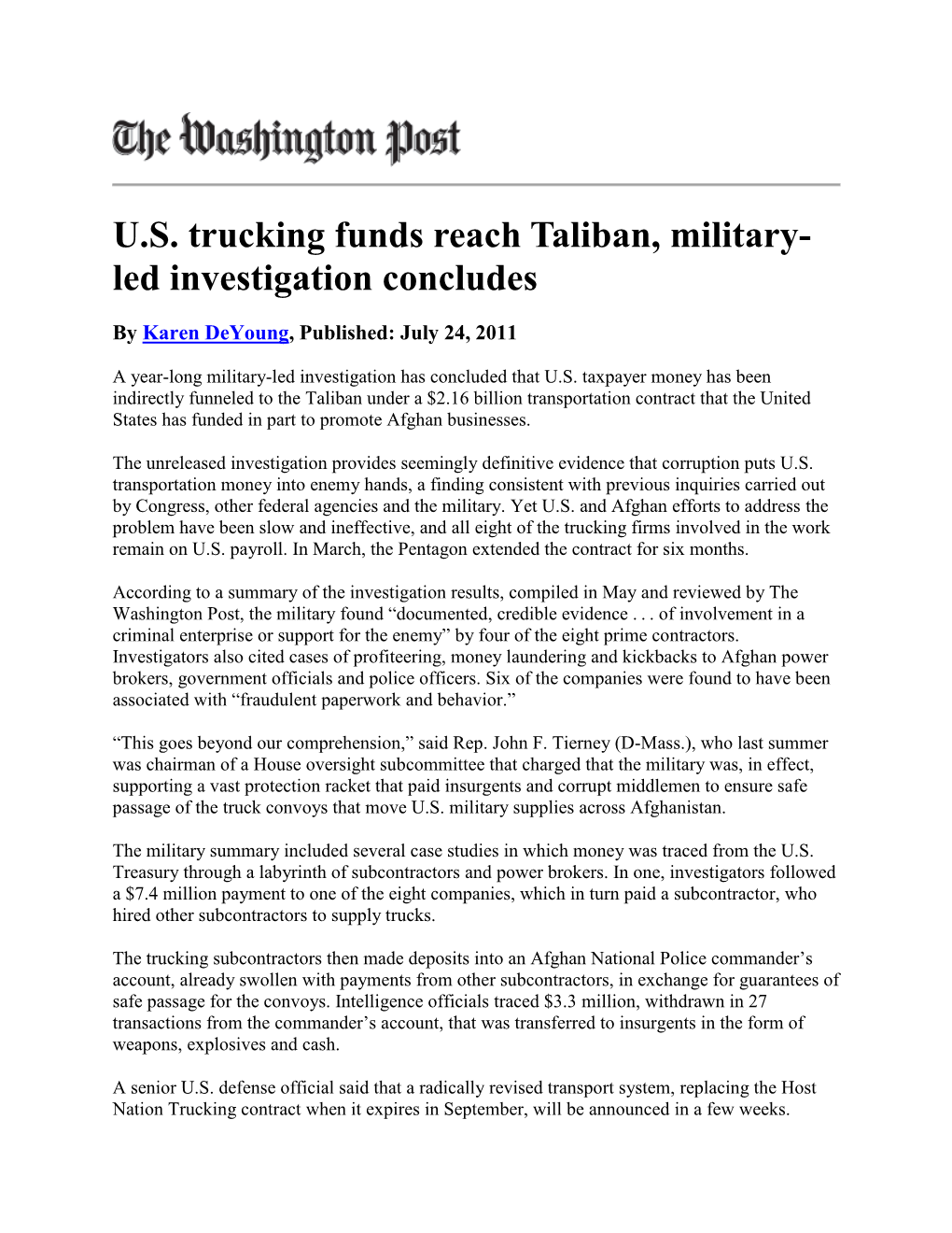 US Trucking Funds Reach Taliban, Military