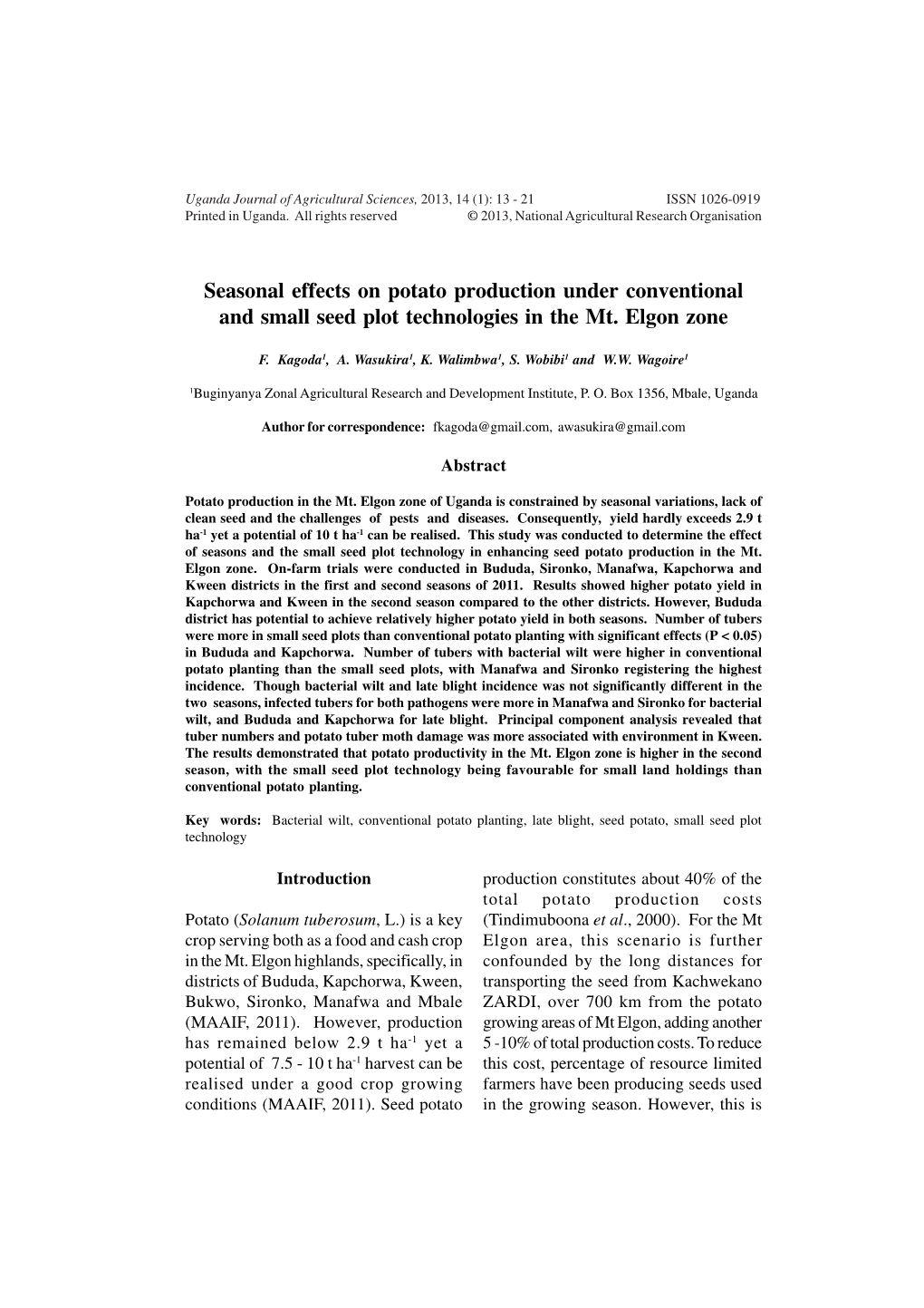 Seasonal Effects on Potato Production Under Conventional and Small Seed Plot Technologies in the Mt