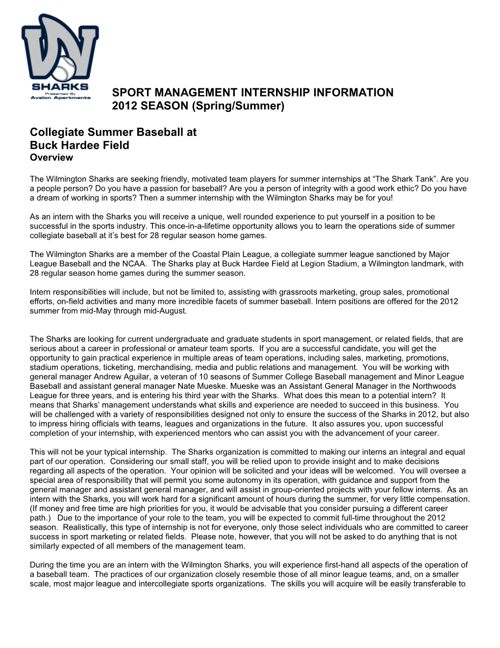 Sport Management Internship Information