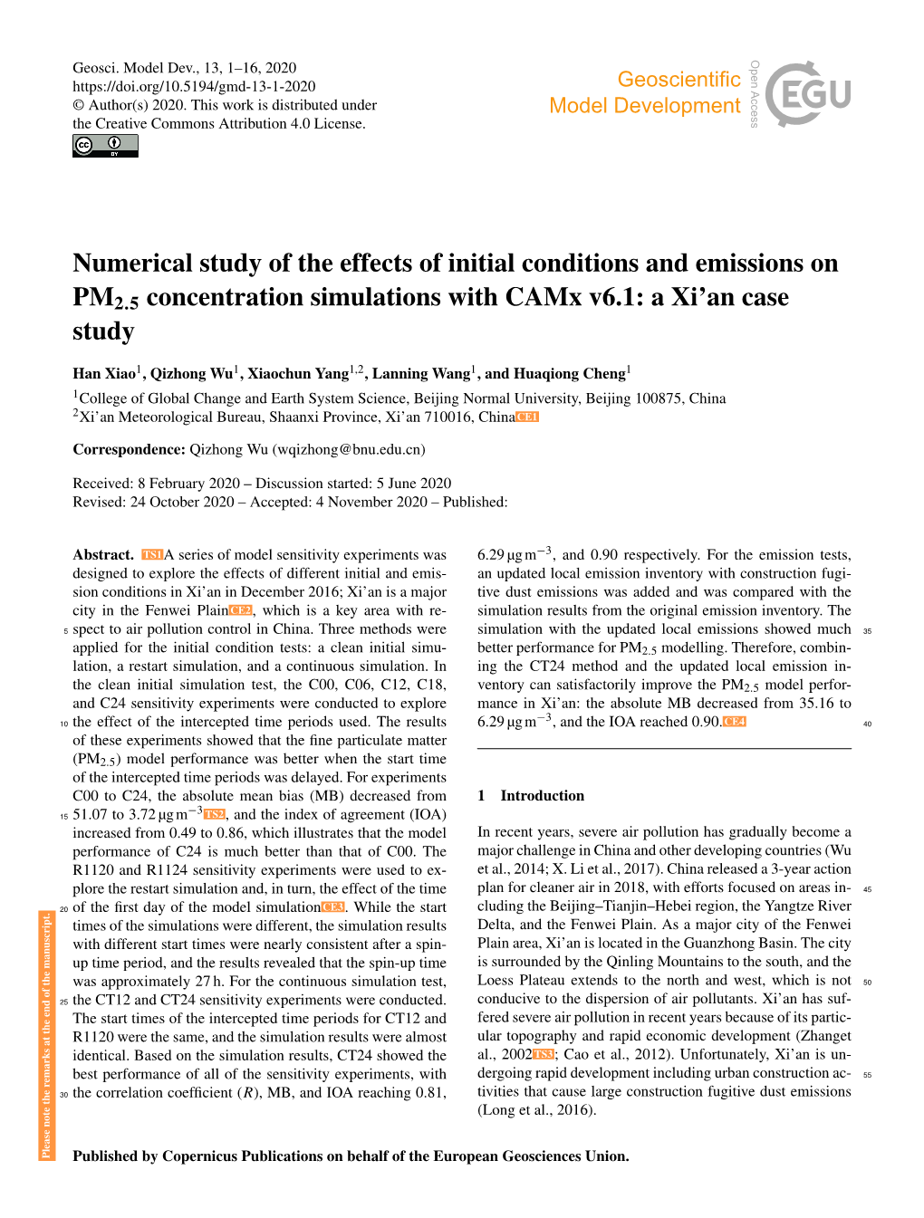 Numerical Study of the Effects of Initial Conditions and Emissions on PM2.5 Concentration Simulations with Camx V6.1: a Xi’An Case Study