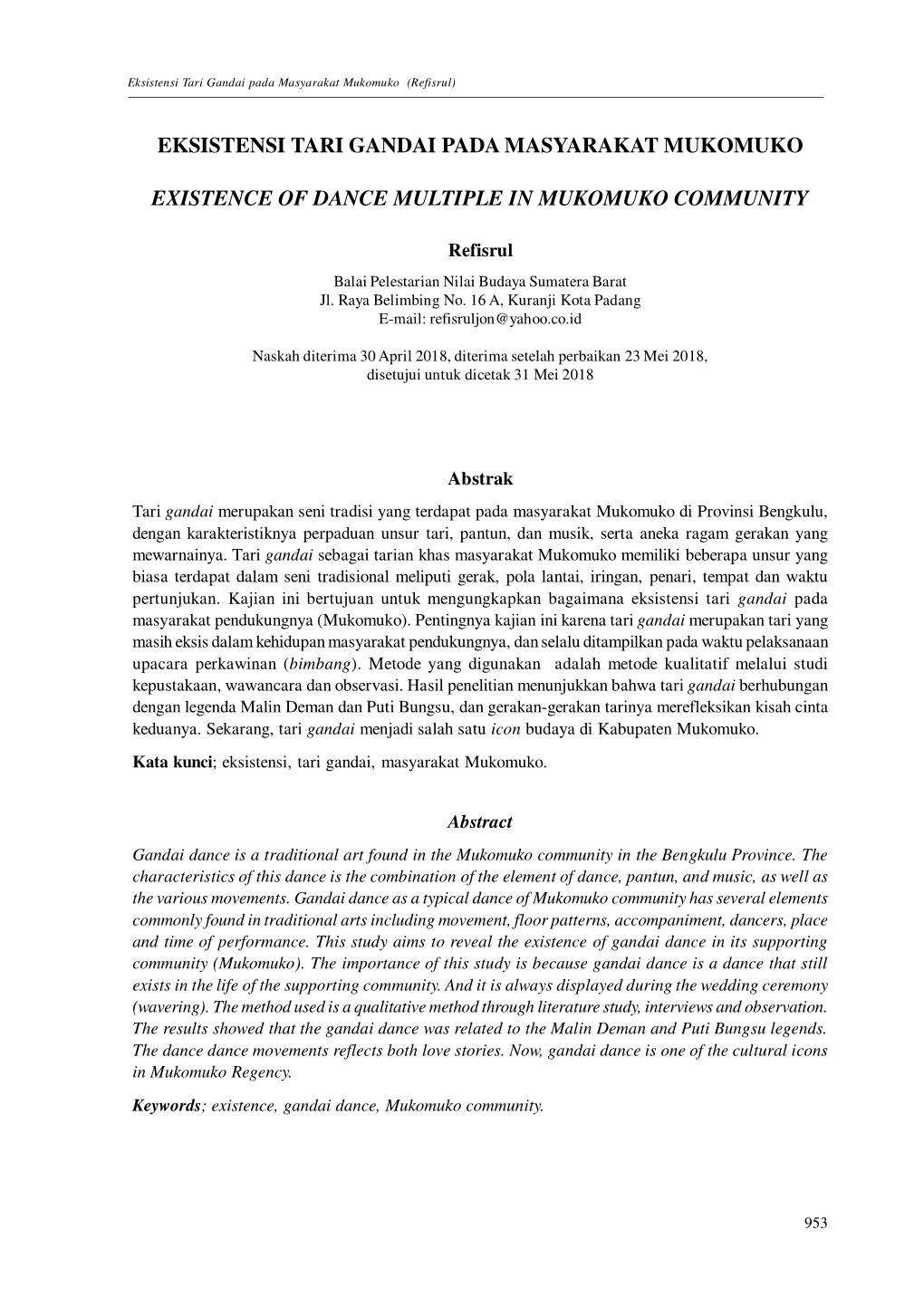 Eksistensi Tari Gandai Pada Masyarakat Mukomuko (Refisrul)