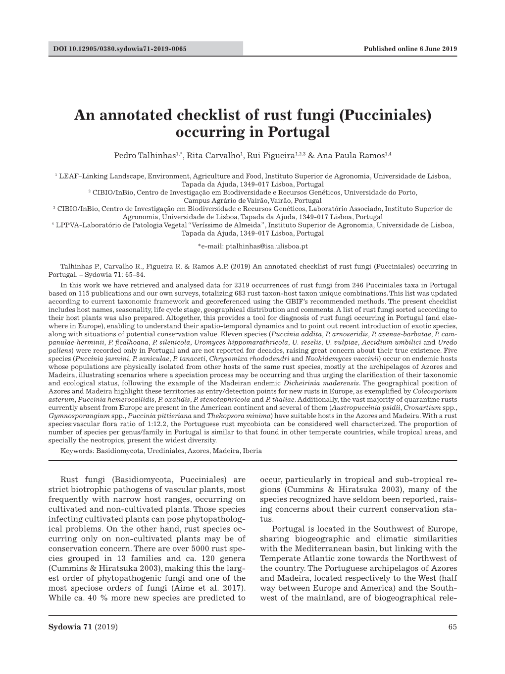 An Annotated Checklist of Rust Fungi (Pucciniales) Occurring in Portugal