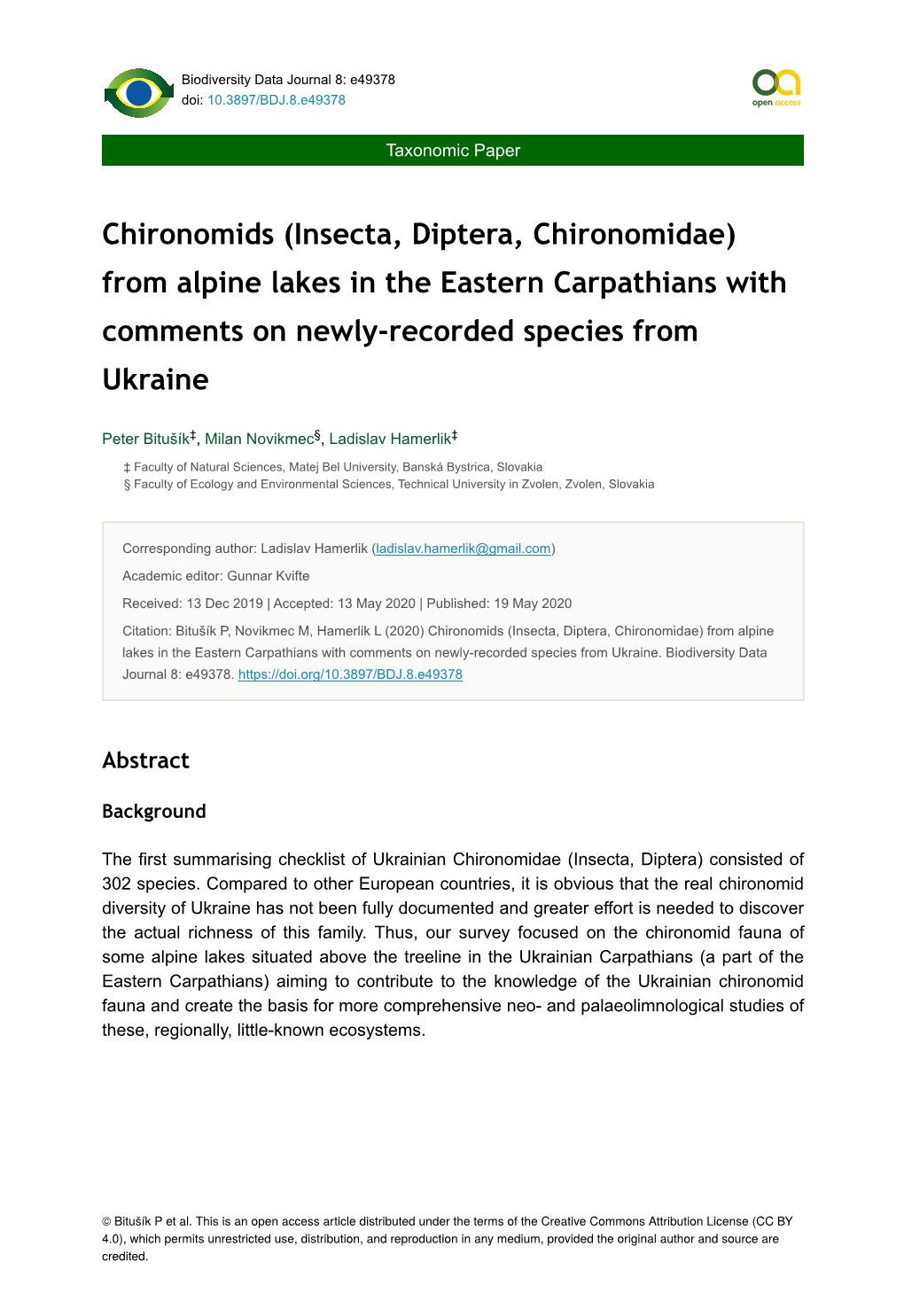 Insecta, Diptera, Chironomidae) from Alpine Lakes in the Eastern Carpathians with Comments on Newly-Recorded Species from Ukraine