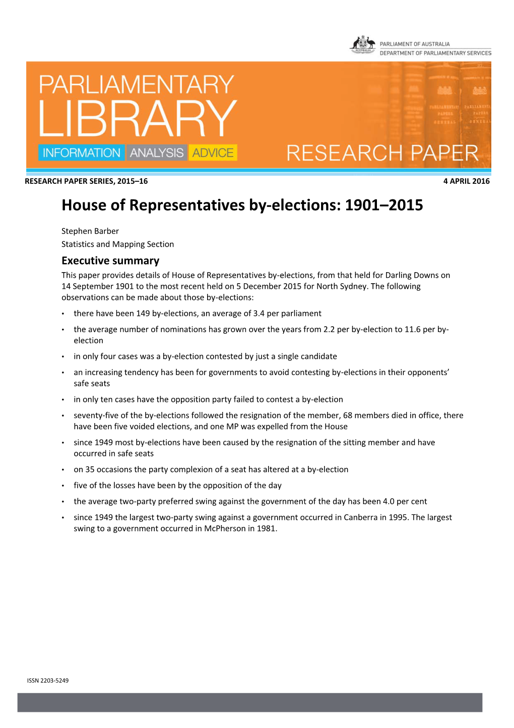 House of Representatives By-Elections 1901–2014