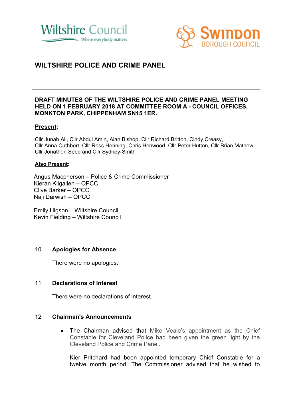 Minutes Document for Wiltshire Police and Crime Panel